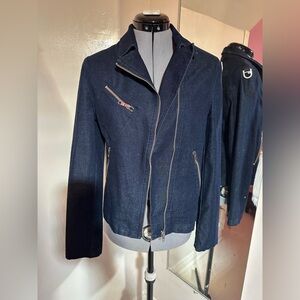 www.ToughJeans.com Dark Navy Women's Denim Moto Jacket with Asymmetric Zip